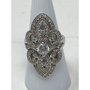 Womens Size 7 Filigree Silver .925 CZ Cocktail Ring Art Deco Bling Setting QVC